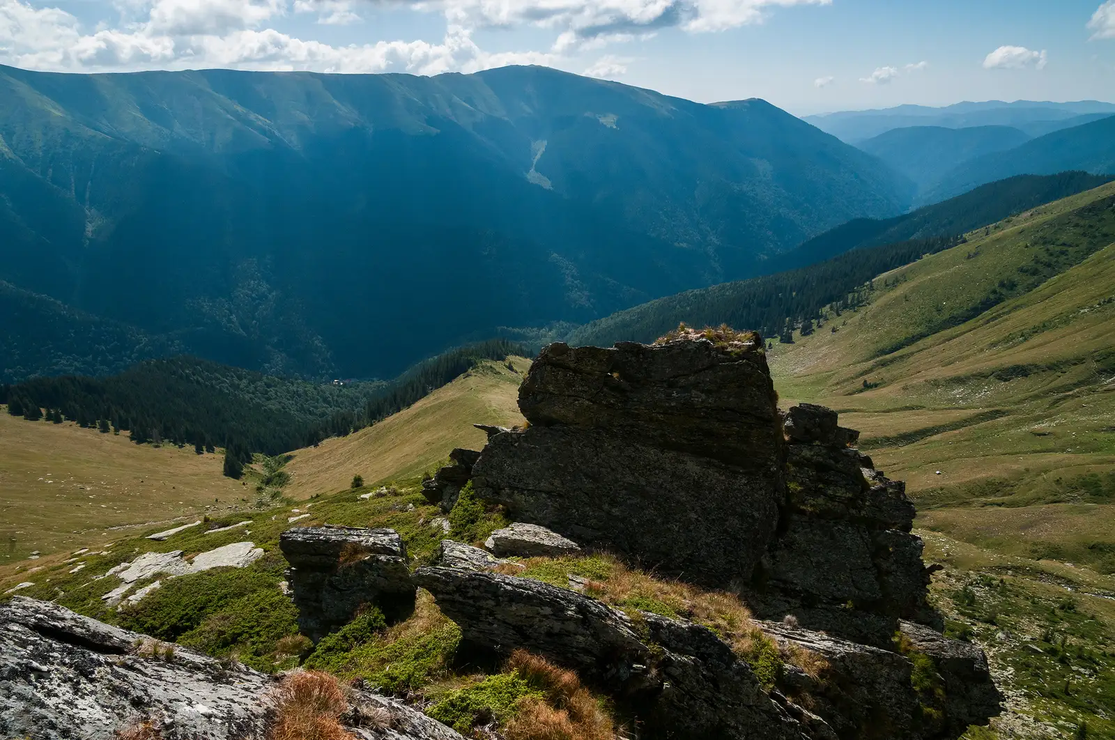  Unul dintre puținele locuri bune pentru popas este acest afloriment de șisturi, înconjurat de afinișuri și bun loc de belvedere a împrejurimilor