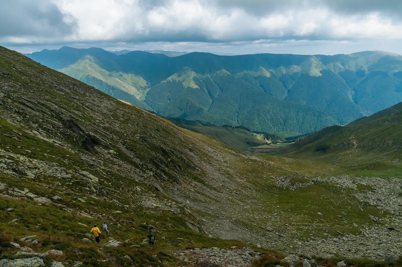  Începem coborârea din Șeuța Lespezi spre Valea și Stâna Lespezi pe o căldare secundară a acesteia.