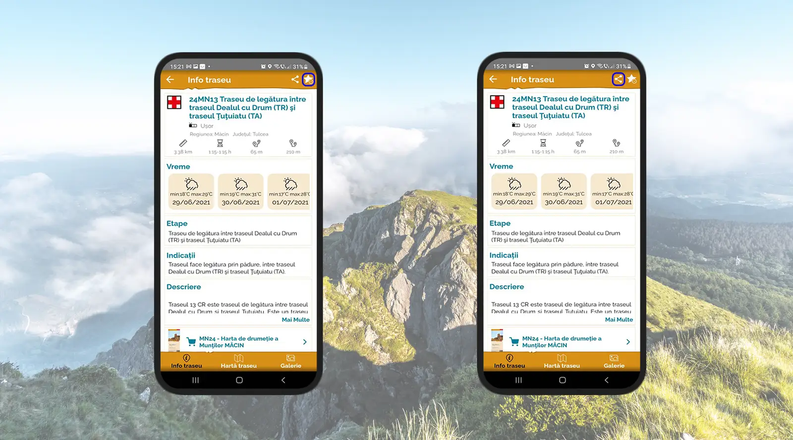  Selecție trasee favorite și share pe rețelele sociale