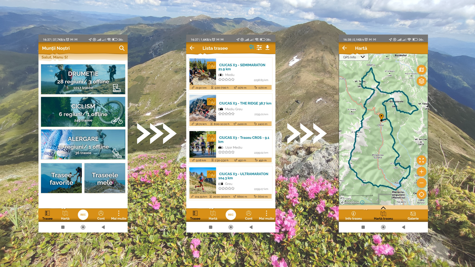  Afișare trasee alergare în aplicația Munții Noștri